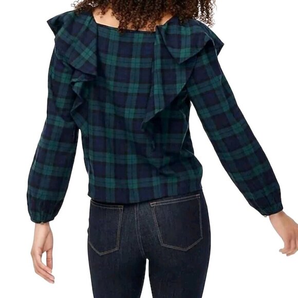 J. Crew NWT Square-Neck Black Watch Plaid Flannel Ruffle Top Size XL - Picture 4 of 10